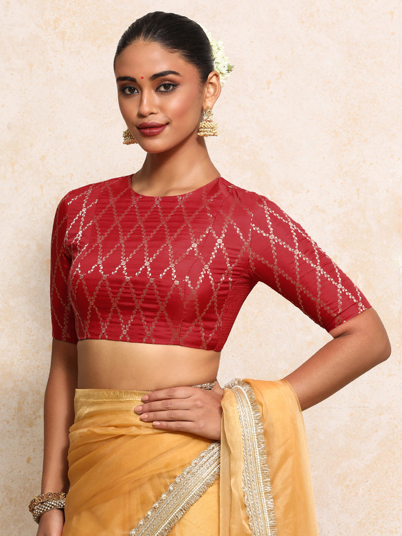 Reena x Tyohaar | Elbow Sleeves Saree Blouse in Berry Red Vine Mesh Brocade-Binks