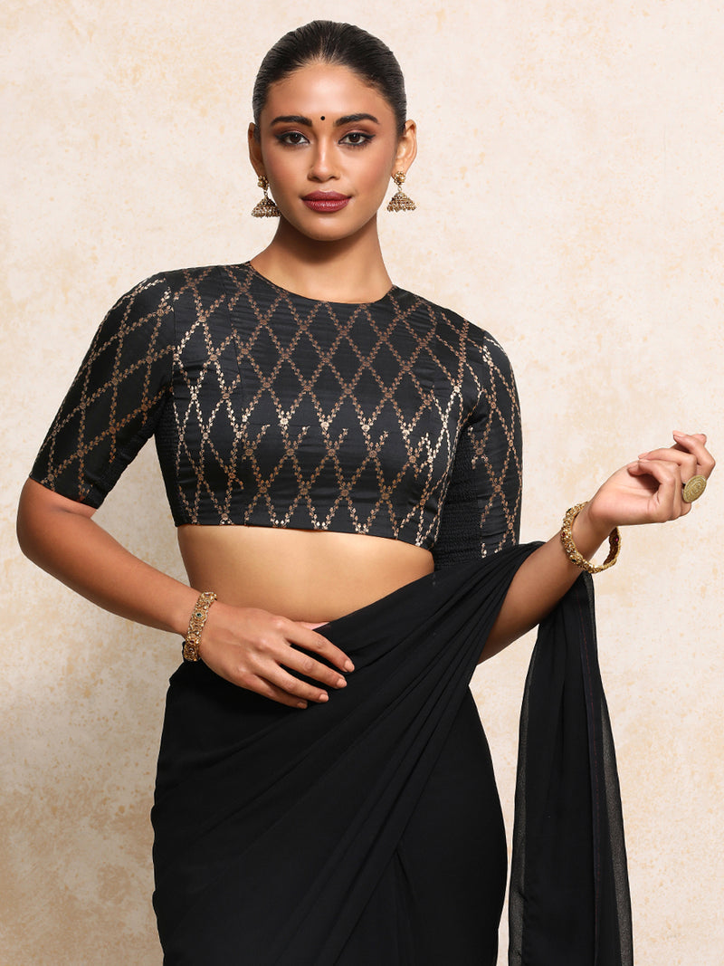 Reena x Tyohaar | Elbow Sleeves Saree Blouse in Cosmic Black Vine Mesh Brocade-Binks