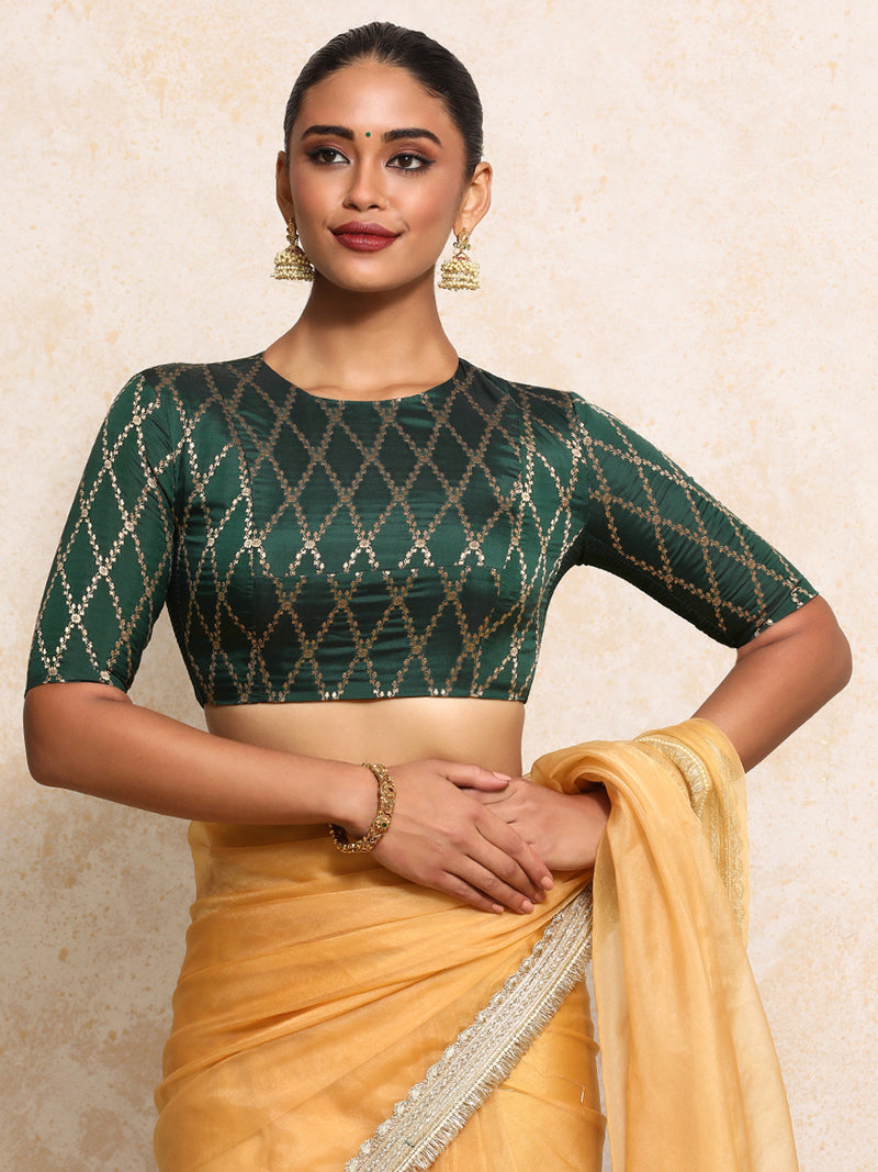Reena x Tyohaar | Elbow Sleeves Saree Blouse in Dark Green Vine Mesh Brocade-Binks