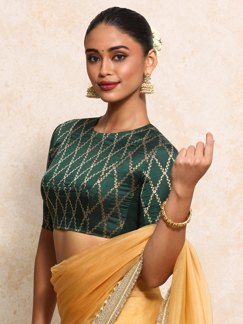 Reena x Tyohaar | Elbow Sleeves Saree Blouse in Dark Green Vine Mesh Brocade-Binks