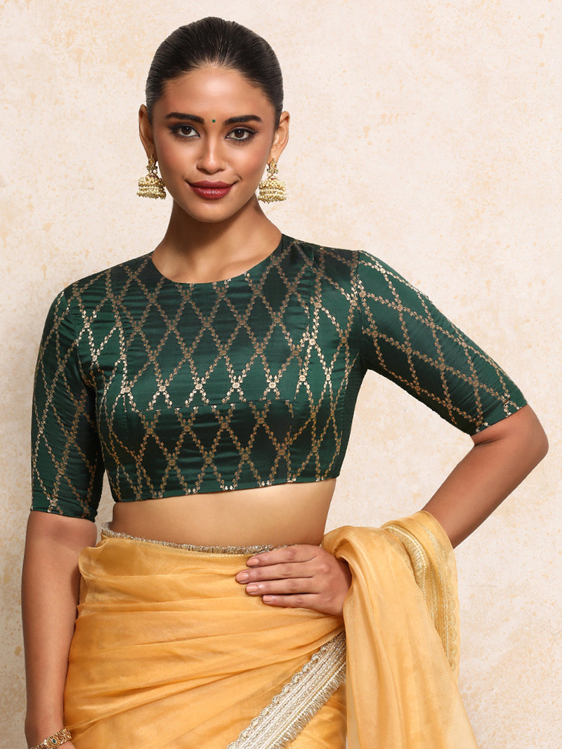 Reena x Tyohaar | Elbow Sleeves Saree Blouse in Dark Green Vine Mesh Brocade-Binks