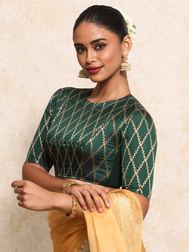 Reena x Tyohaar | Elbow Sleeves Saree Blouse in Dark Green Vine Mesh Brocade-Binks