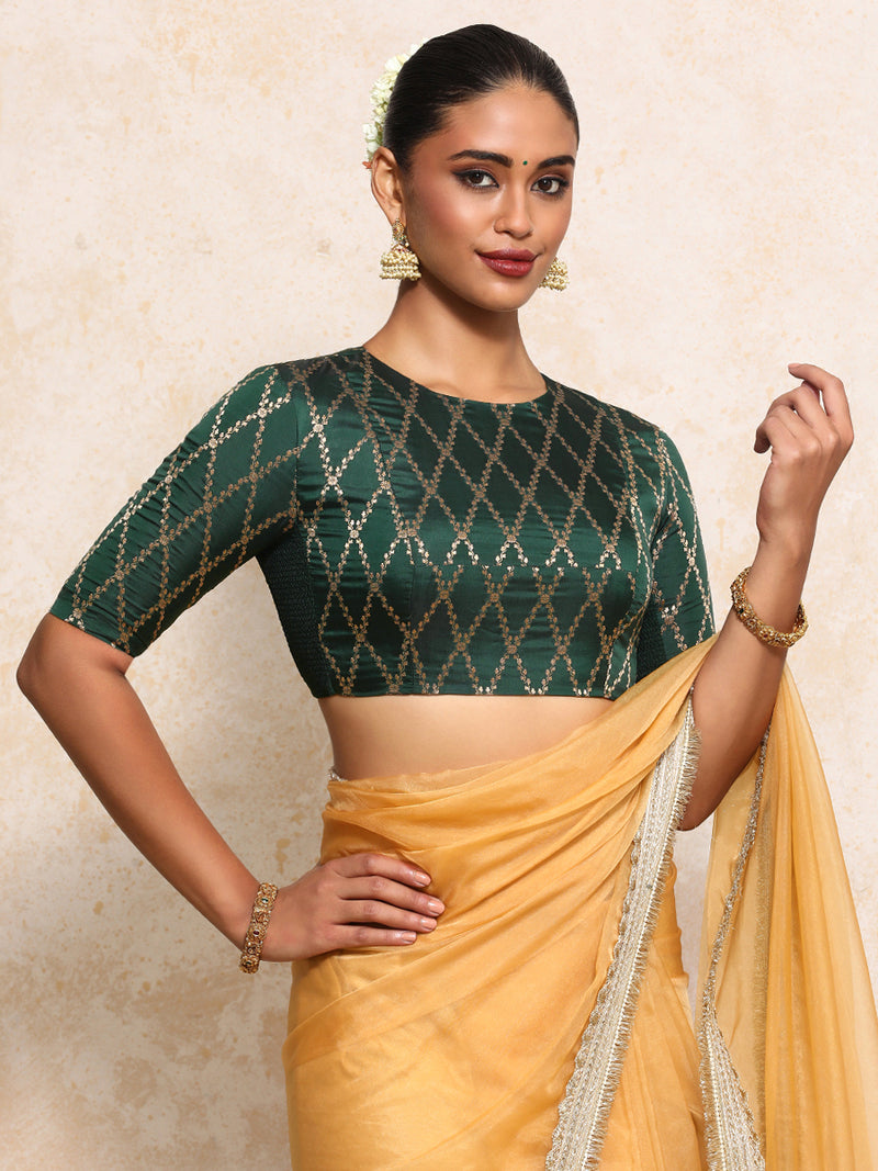 Reena x Tyohaar | Elbow Sleeves Saree Blouse in Dark Green Vine Mesh Brocade-Binks