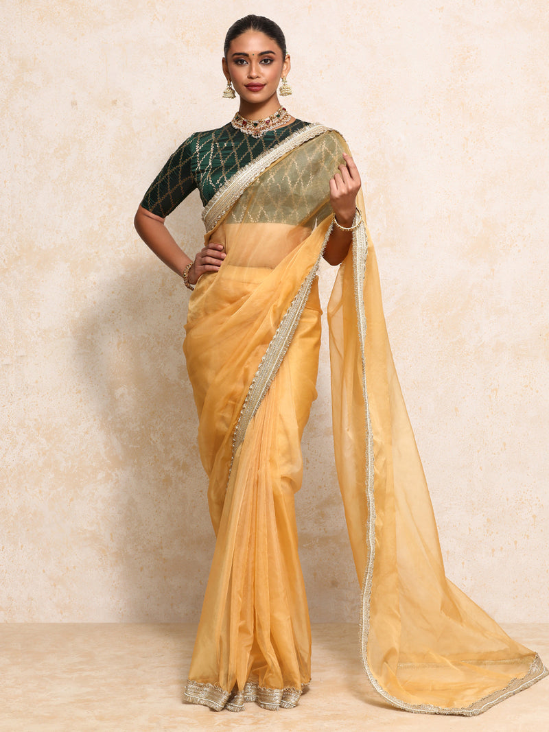 Reena x Tyohaar | Elbow Sleeves Saree Blouse in Dark Green Vine Mesh Brocade-Binks