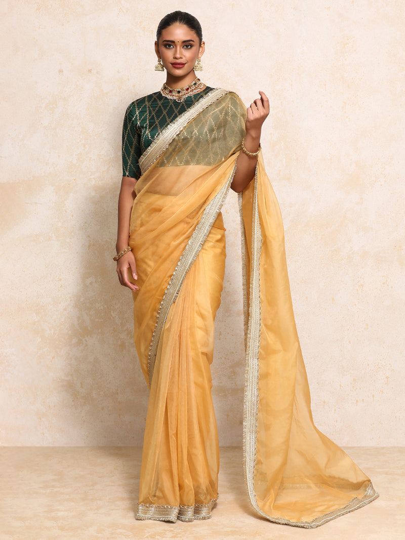 Reena x Tyohaar | Elbow Sleeves Saree Blouse in Dark Green Vine Mesh Brocade-Binks