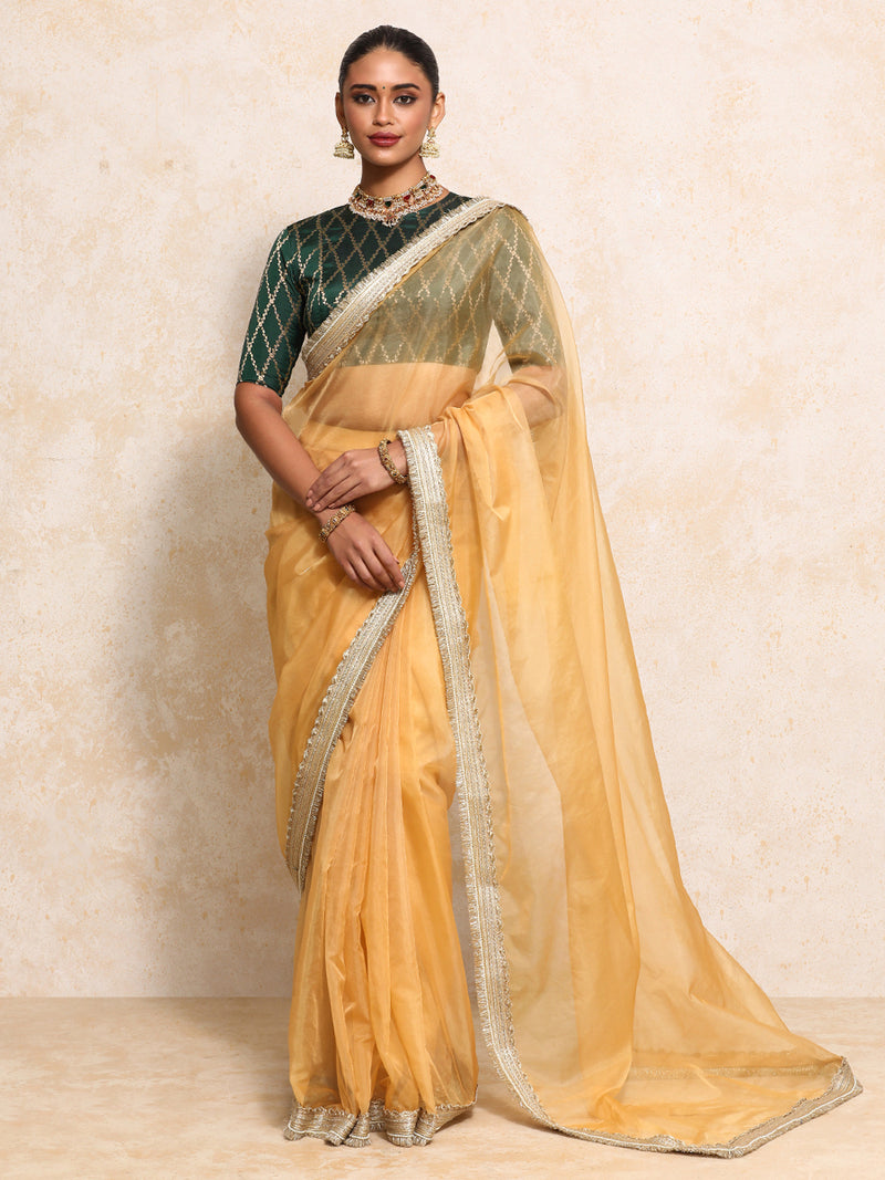 Reena x Tyohaar | Elbow Sleeves Saree Blouse in Dark Green Vine Mesh Brocade-Binks