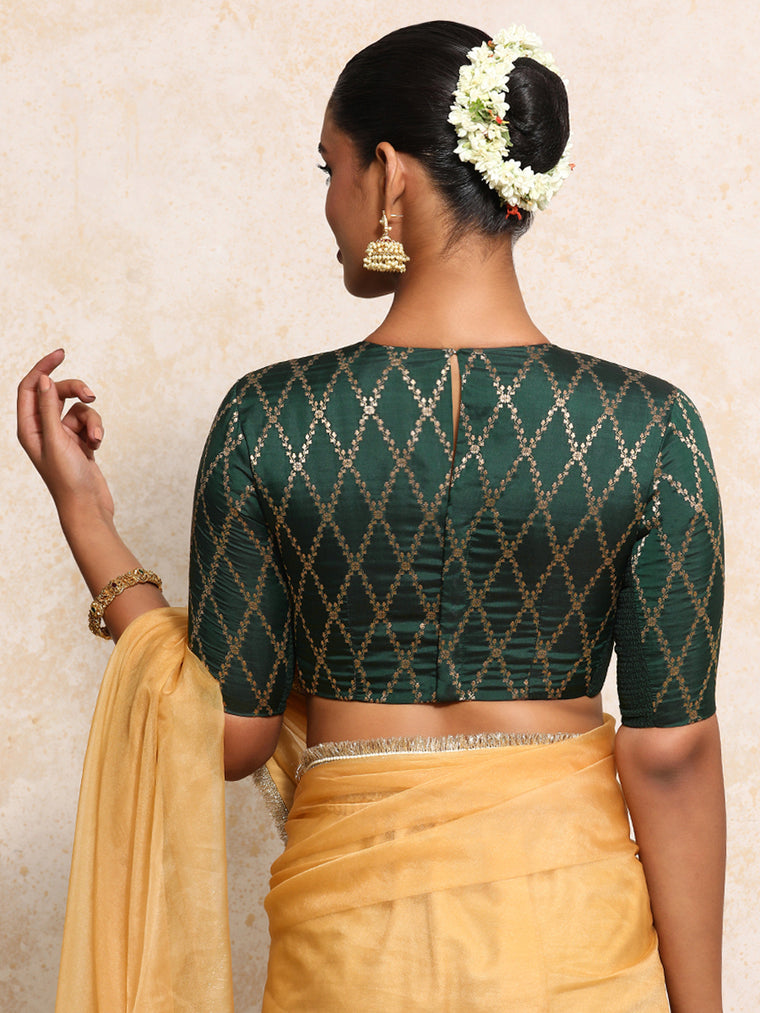 Reena x Tyohaar Saree Blouse, in Green Viscose Silk Brocade, featuring elbow sleeves and jewel neckline (view 2).