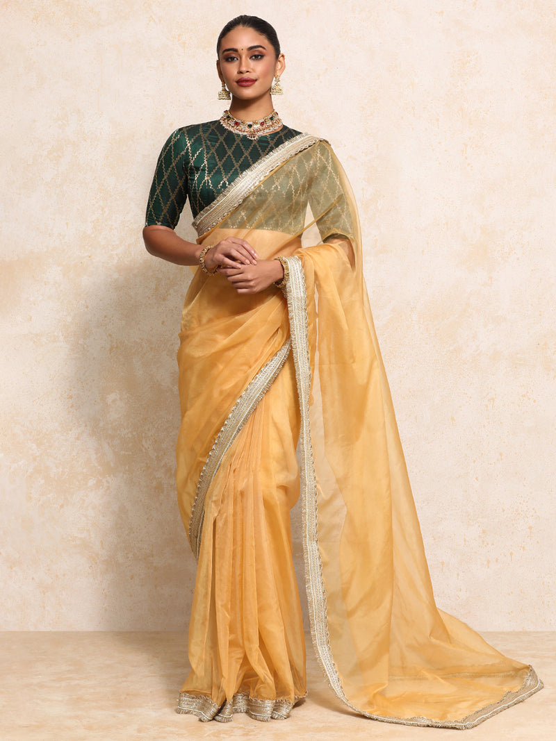 Reena x Tyohaar | Elbow Sleeves Saree Blouse in Dark Green Vine Mesh Brocade-Binks