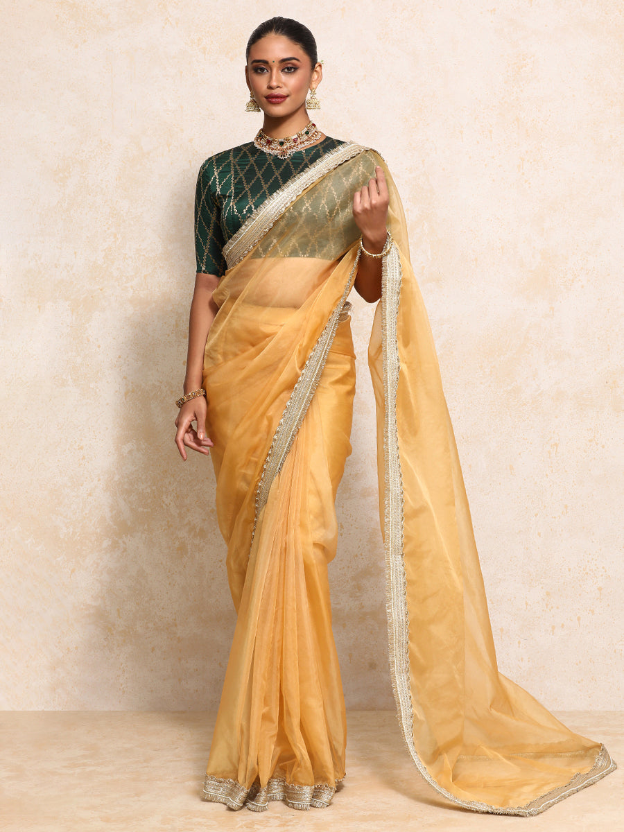Reena x Tyohaar Saree Blouse, in Green Viscose Silk Brocade, featuring elbow sleeves and jewel neckline (view 5).