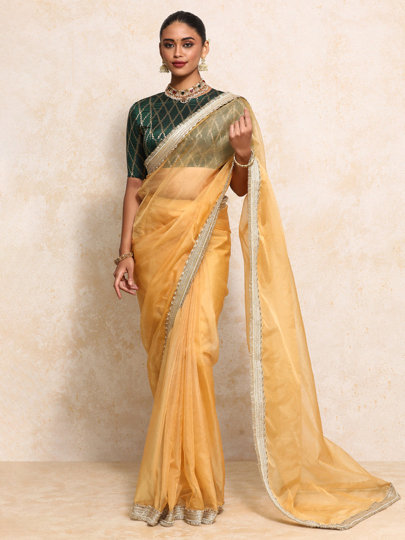 Reena x Tyohaar | Elbow Sleeves Saree Blouse in Dark Green Vine Mesh Brocade-Binks