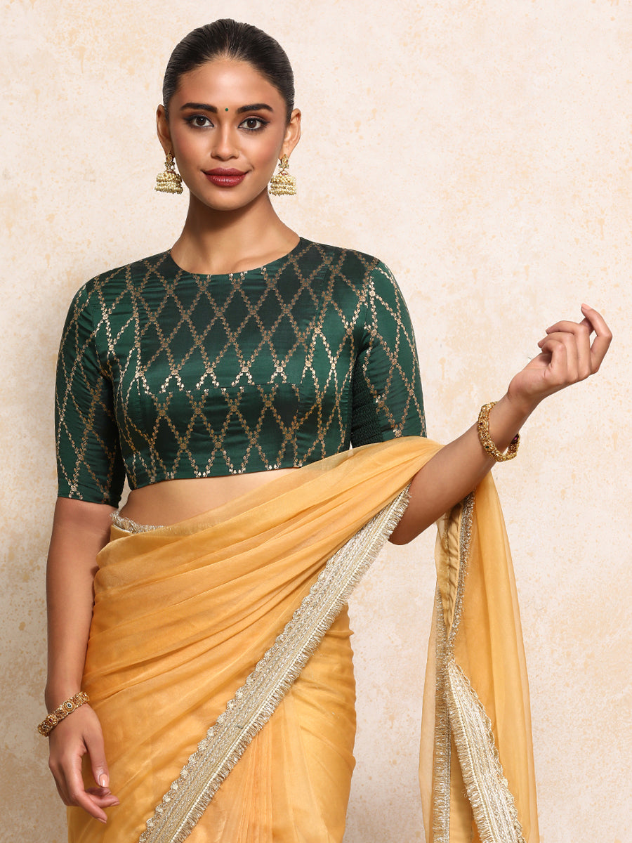 Reena x Tyohaar Saree Blouse, in Green Viscose Silk Brocade, featuring elbow sleeves and jewel neckline (view 6).