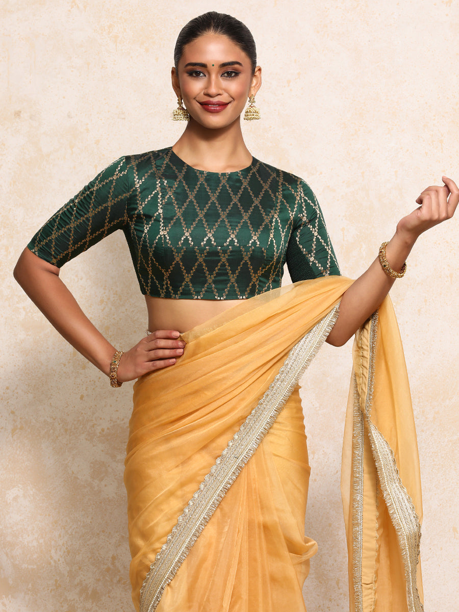 Reena x Tyohaar Saree Blouse, in Green Viscose Silk Brocade, featuring elbow sleeves and jewel neckline (view 8).