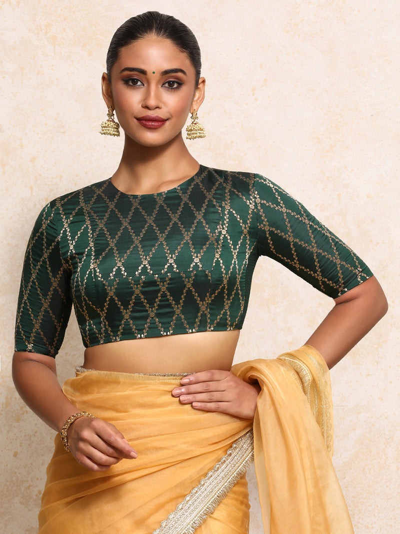Reena x Tyohaar | Elbow Sleeves Saree Blouse in Dark Green Vine Mesh Brocade-Binks
