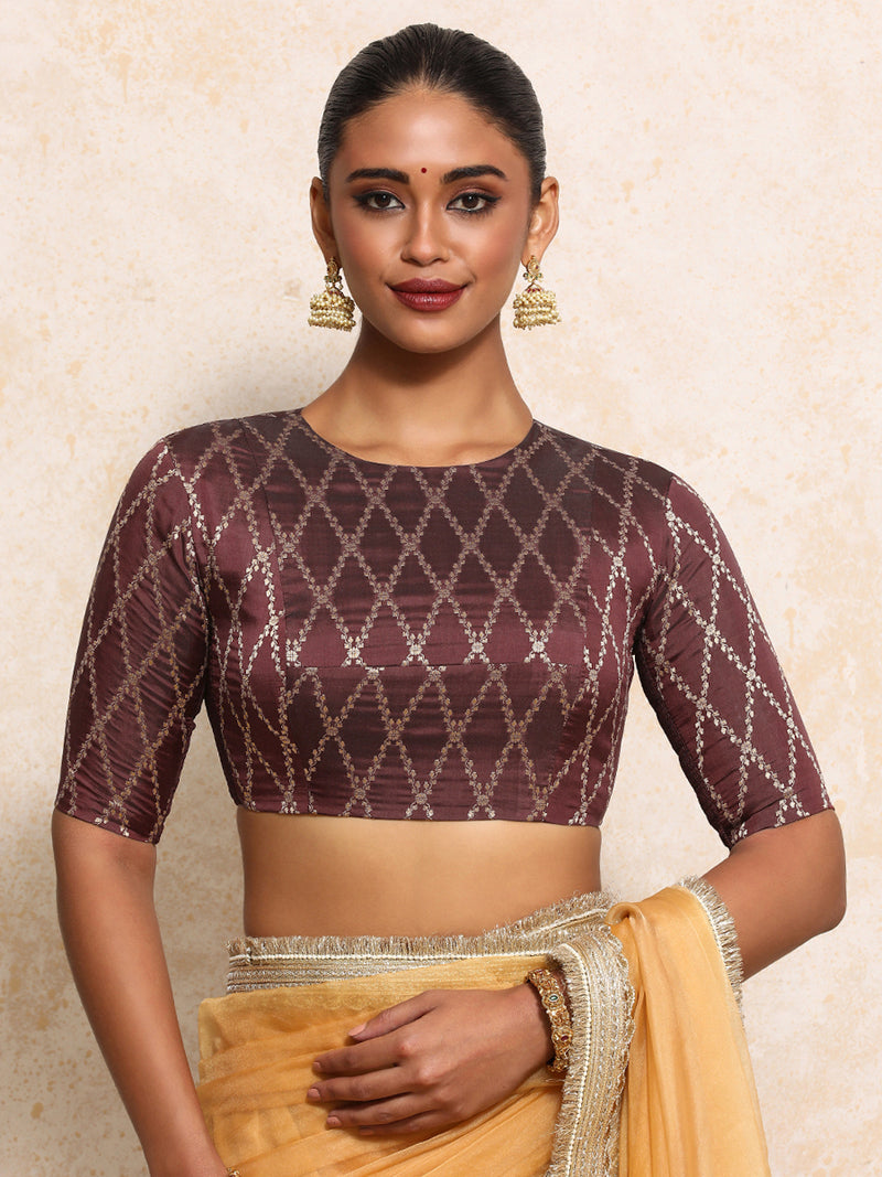 Reena x Tyohaar | Elbow Sleeves Saree Blouse in Deep Burgundy Vine Mesh Brocade-Binks