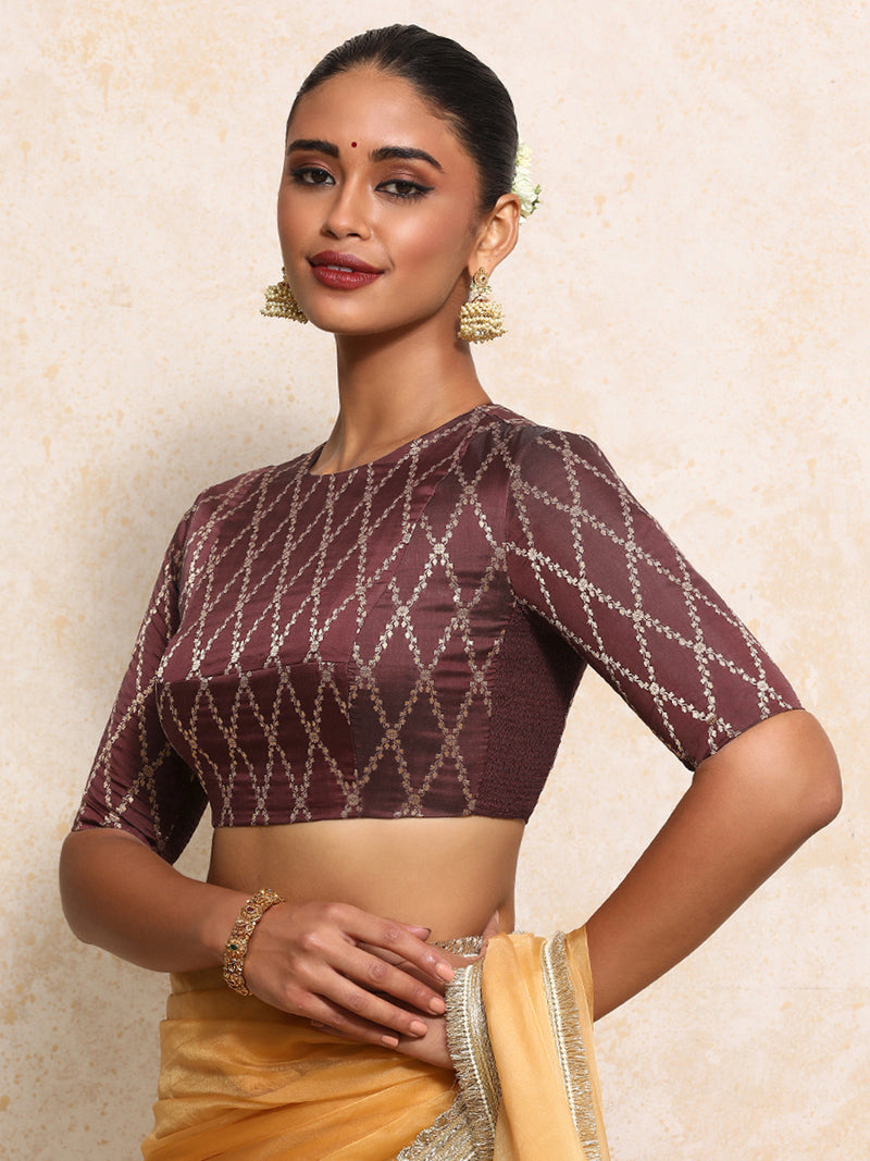 Reena x Tyohaar | Elbow Sleeves Saree Blouse in Deep Burgundy Vine Mesh Brocade-Binks