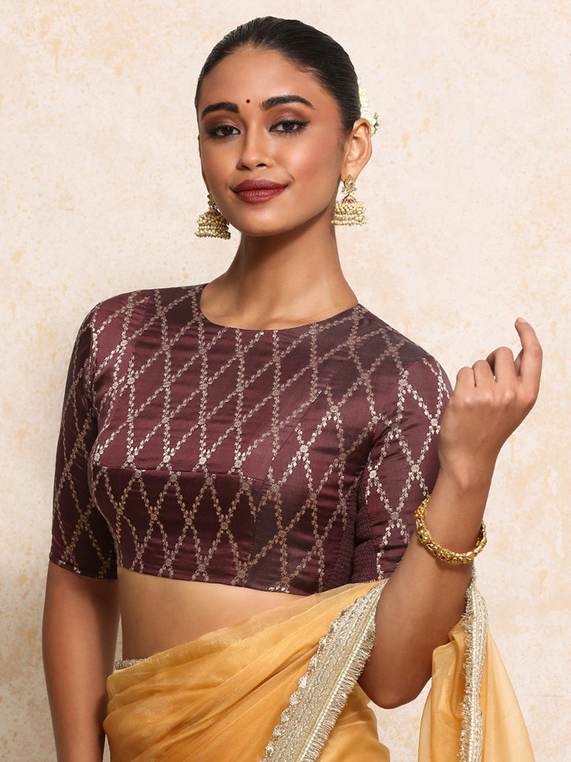 Reena x Tyohaar | Elbow Sleeves Saree Blouse in Deep Burgundy Vine Mesh Brocade-Binks