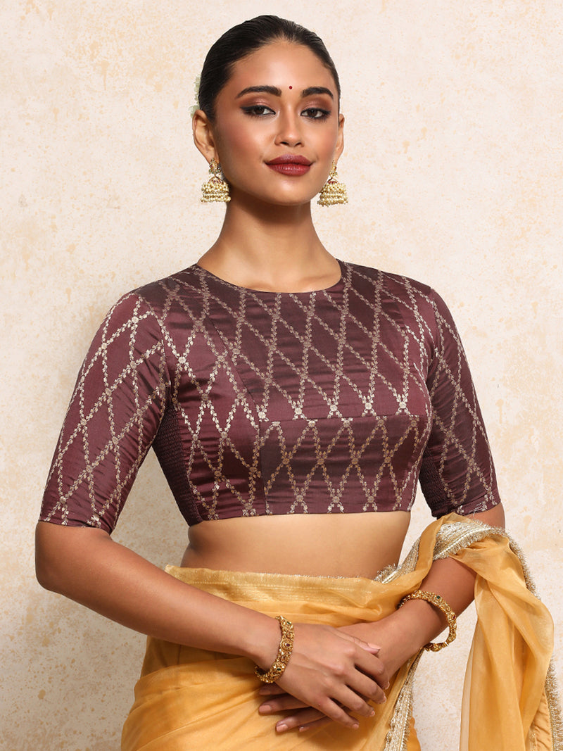 Reena x Tyohaar | Elbow Sleeves Saree Blouse in Deep Burgundy Vine Mesh Brocade-Binks