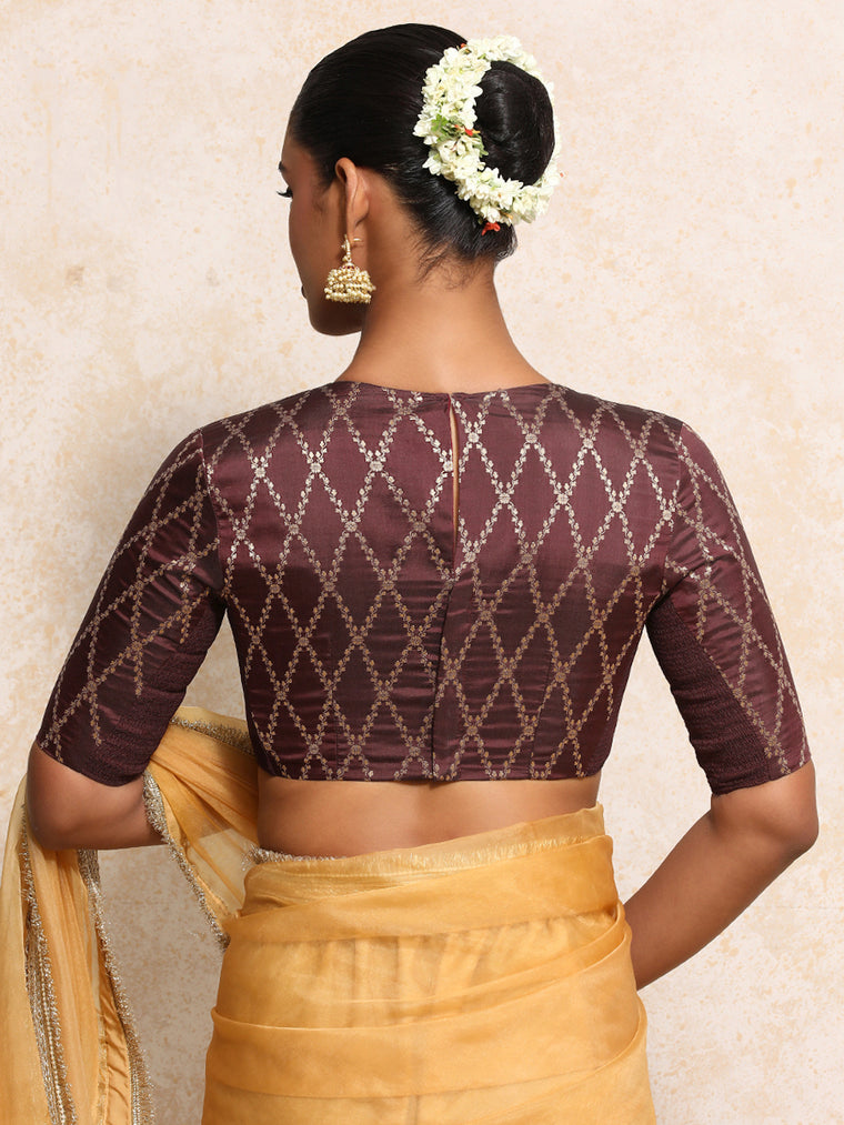 Reena x Tyohaar Saree Blouse, in Maroon Viscose Silk Brocade, featuring elbow sleeves and jewel neckline (view 2).