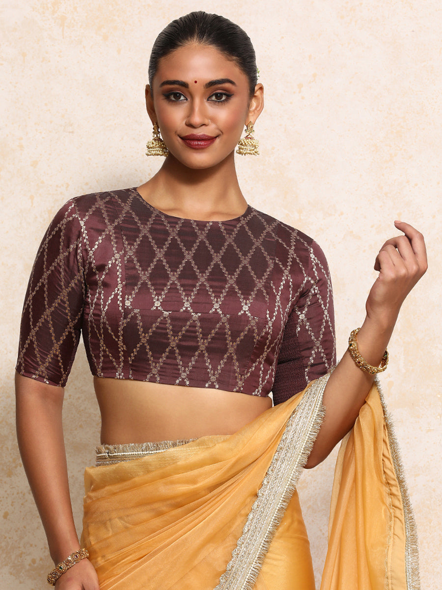 Reena x Tyohaar Saree Blouse, in Maroon Viscose Silk Brocade, featuring elbow sleeves and jewel neckline (view 6).