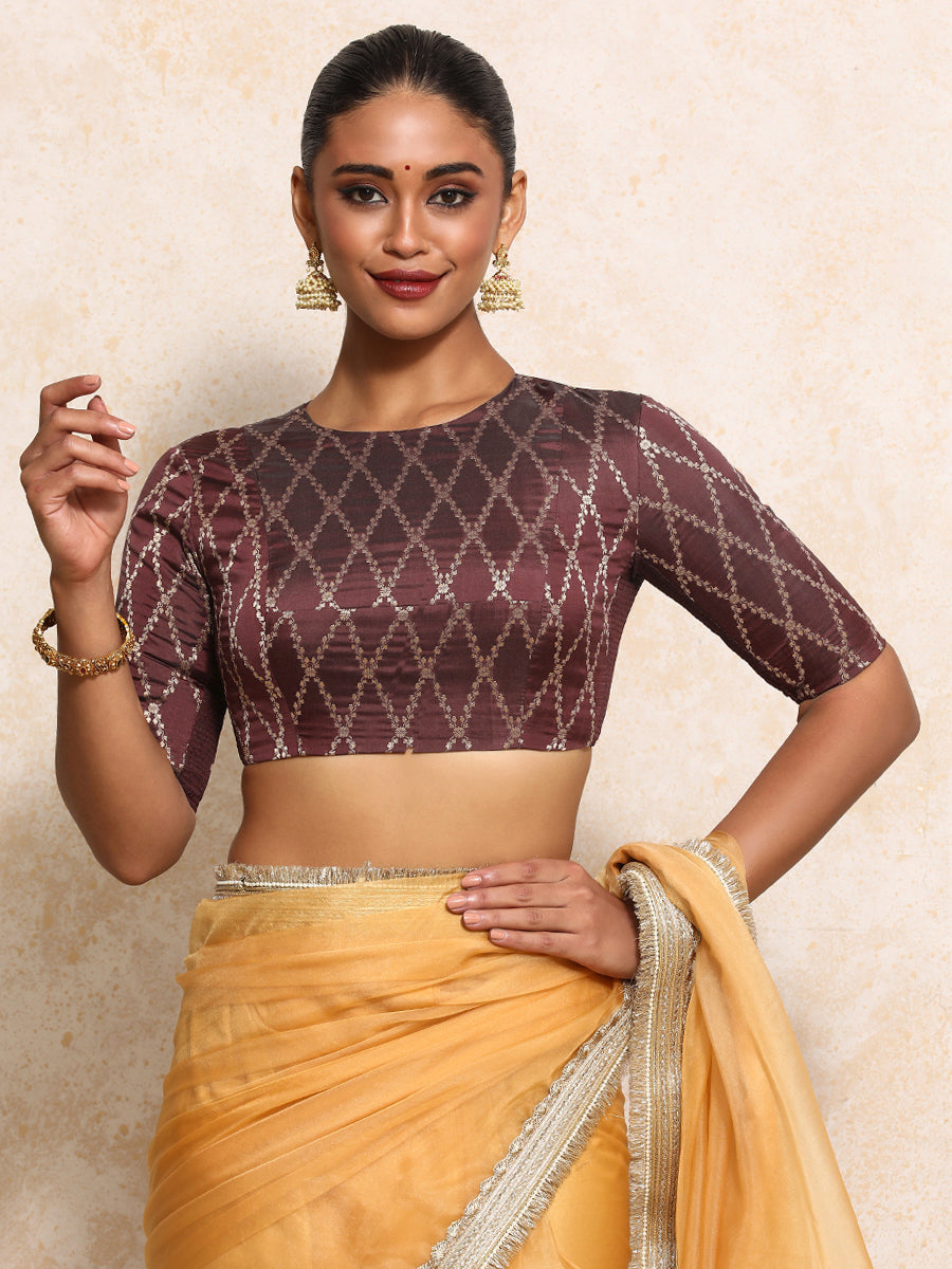 Reena x Tyohaar Saree Blouse, in Maroon Viscose Silk Brocade, featuring elbow sleeves and jewel neckline (view 7).