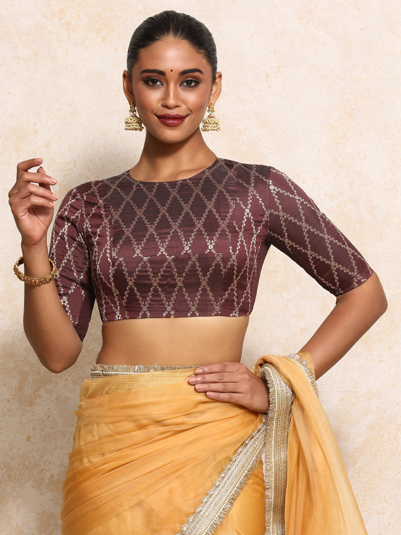 Reena x Tyohaar | Elbow Sleeves Saree Blouse in Deep Burgundy Vine Mesh Brocade-Binks