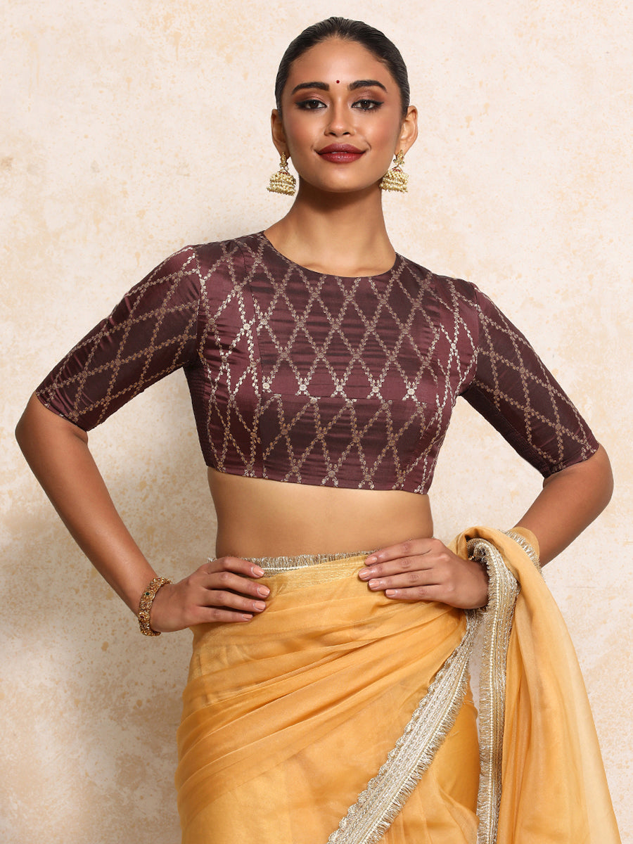 Reena x Tyohaar Saree Blouse, in Maroon Viscose Silk Brocade, featuring elbow sleeves and jewel neckline (view 8).