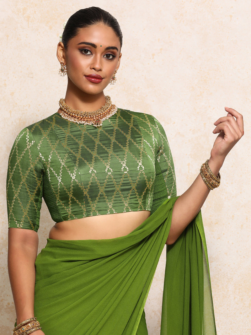 Reena x Tyohaar | Elbow Sleeves Saree Blouse in Deep Olive Vine Mesh Brocade-Binks
