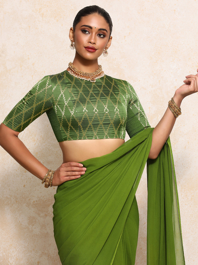 Reena x Tyohaar | Elbow Sleeves Saree Blouse in Deep Olive Vine Mesh Brocade-Binks