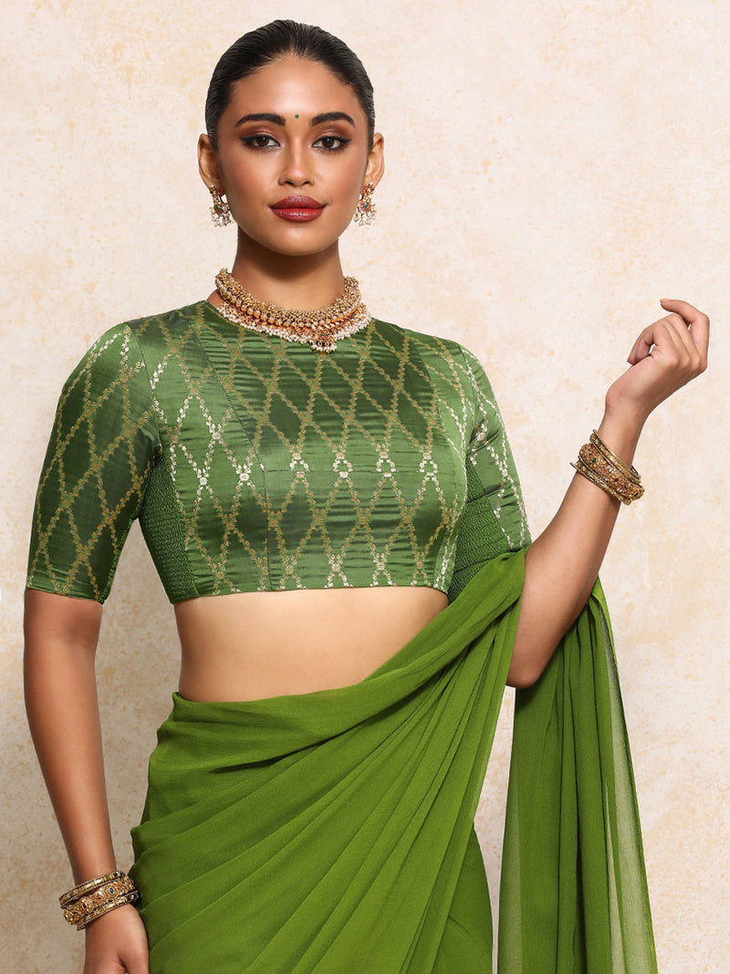 Reena x Tyohaar | Elbow Sleeves Saree Blouse in Deep Olive Vine Mesh Brocade-Binks
