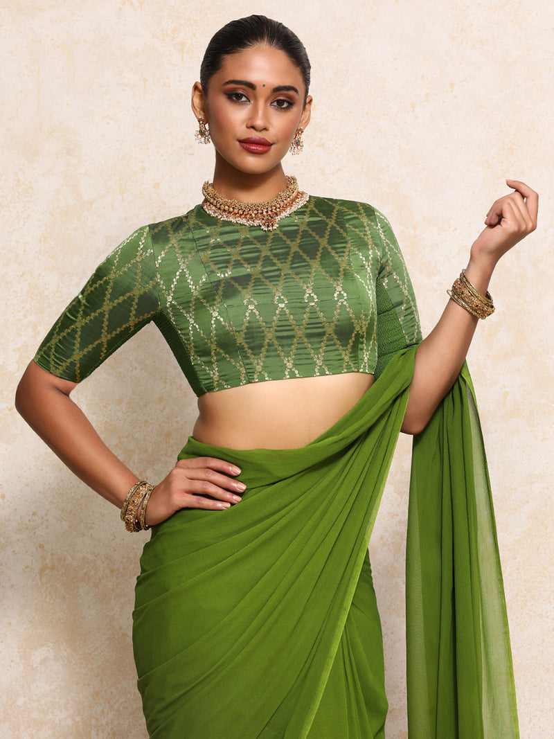 Reena x Tyohaar | Elbow Sleeves Saree Blouse in Deep Olive Vine Mesh Brocade-Binks