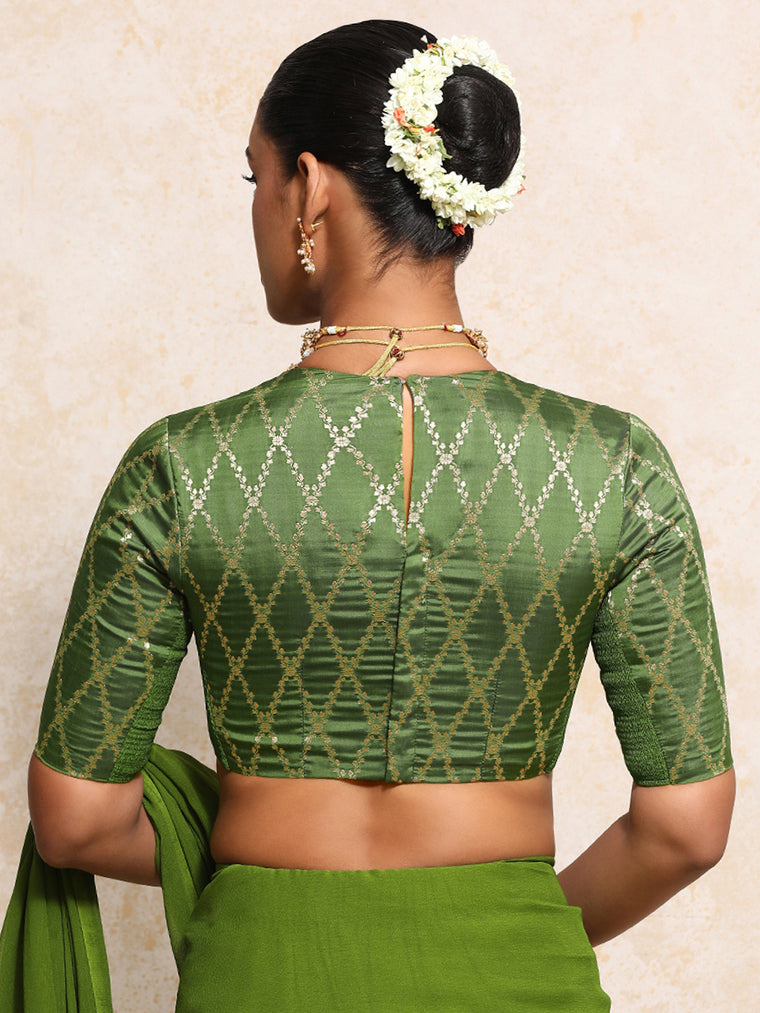 Reena x Tyohaar Saree Blouse, in Green Viscose Silk Brocade, featuring elbow sleeves and jewel neckline (view 2).