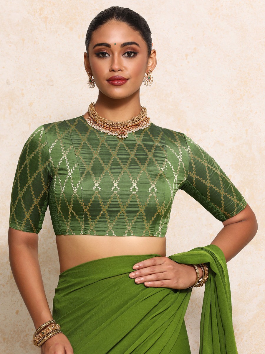 Reena x Tyohaar Saree Blouse, in Green Viscose Silk Brocade, featuring elbow sleeves and jewel neckline (view 6).