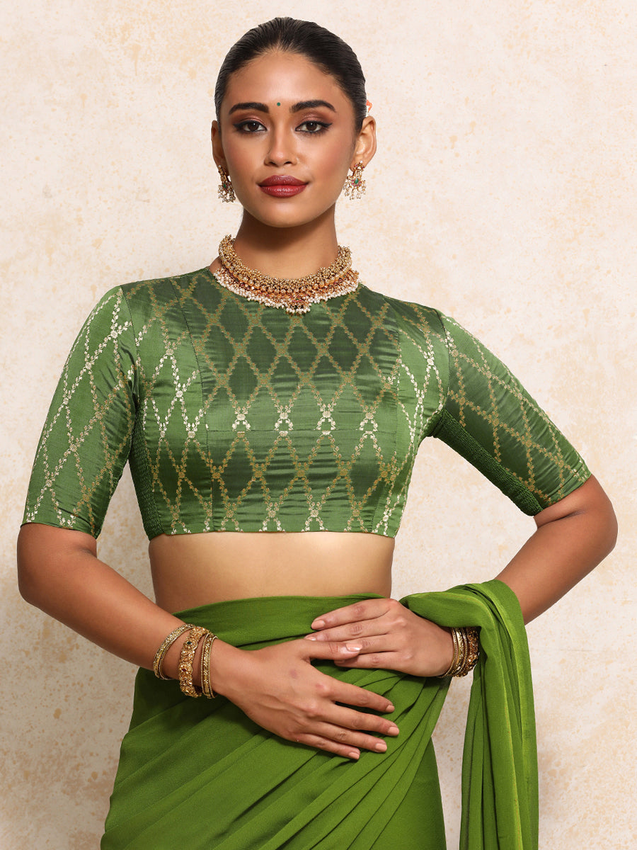 Reena x Tyohaar Saree Blouse, in Green Viscose Silk Brocade, featuring elbow sleeves and jewel neckline (view 8).