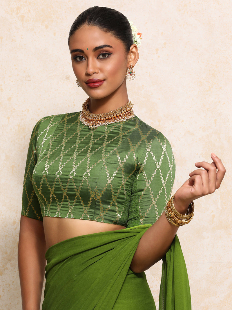 Reena x Tyohaar | Elbow Sleeves Saree Blouse in Deep Olive Vine Mesh Brocade-Binks