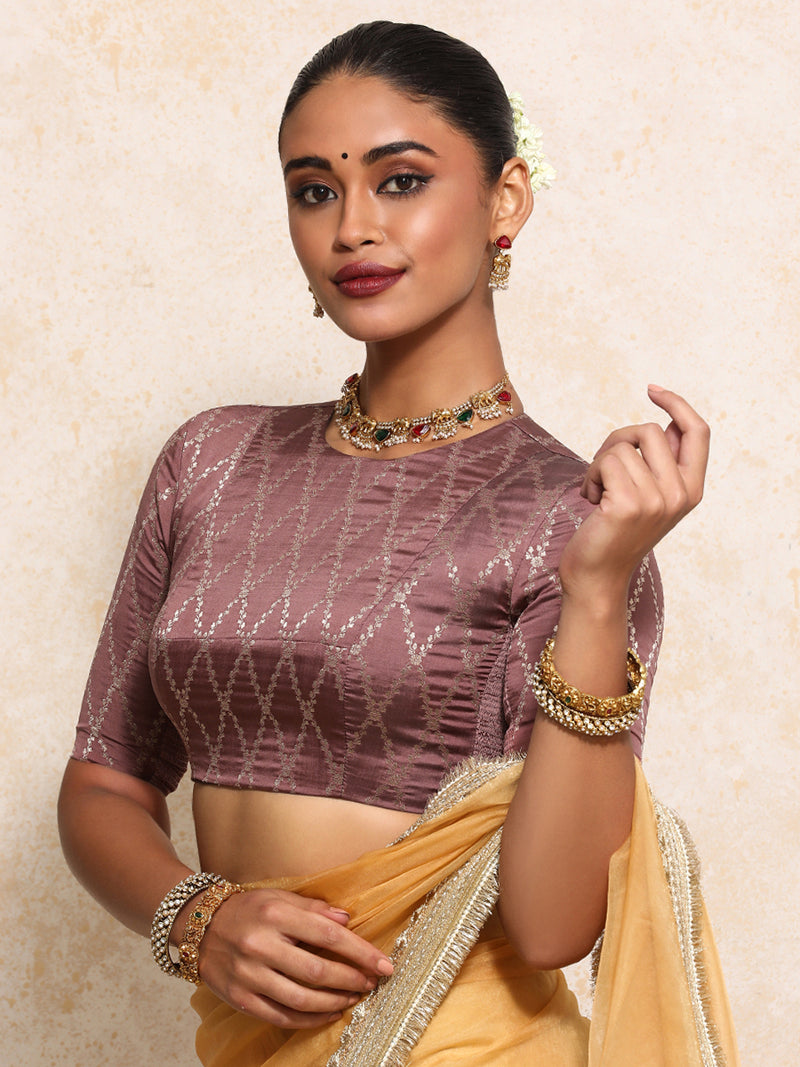 Reena x Tyohaar | Elbow Sleeves Saree Blouse in Dusky Mauve Vine Mesh Brocade-Binks