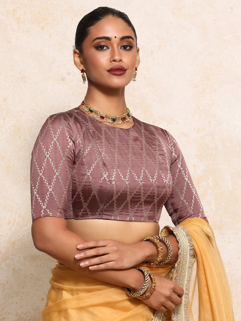 Reena x Tyohaar | Elbow Sleeves Saree Blouse in Dusky Mauve Vine Mesh Brocade-Binks