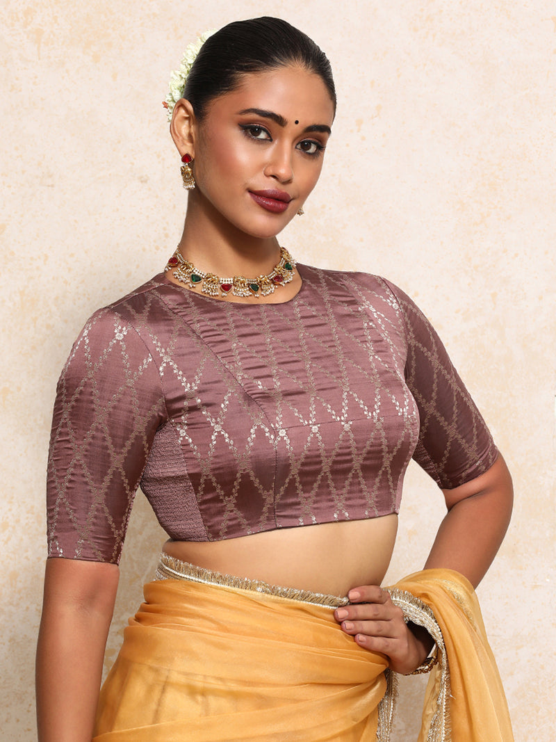 Reena x Tyohaar | Elbow Sleeves Saree Blouse in Dusky Mauve Vine Mesh Brocade-Binks