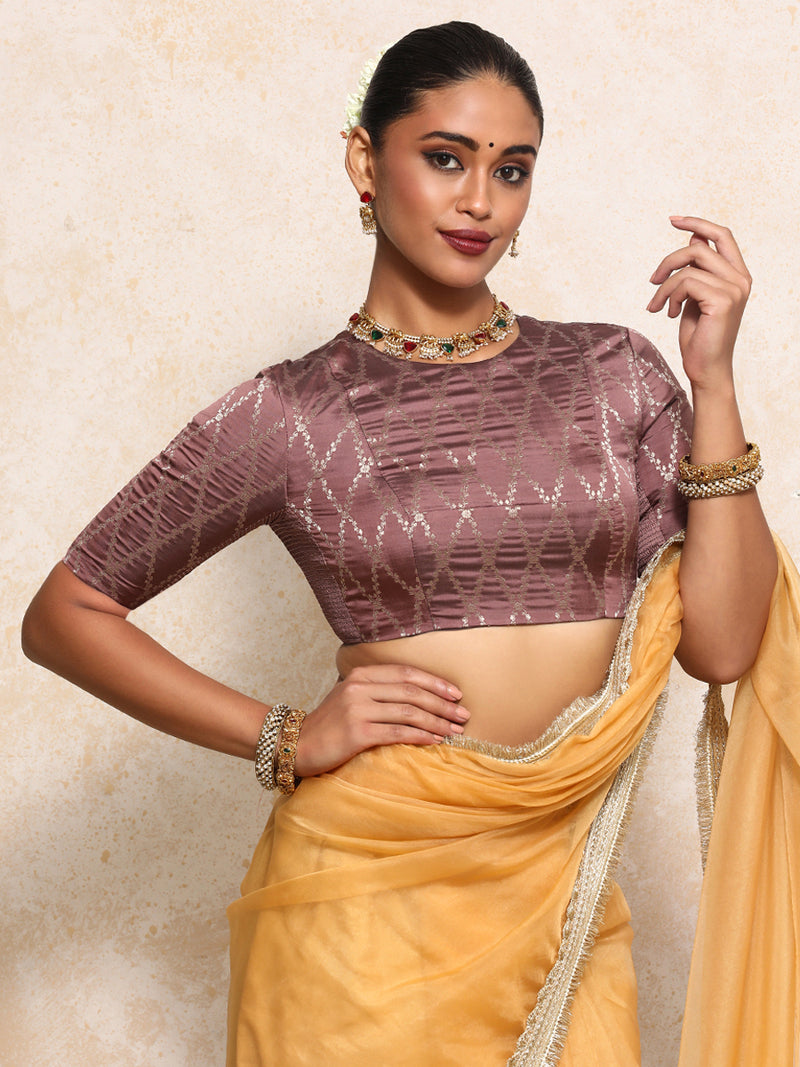 Reena x Tyohaar | Elbow Sleeves Saree Blouse in Dusky Mauve Vine Mesh Brocade-Binks