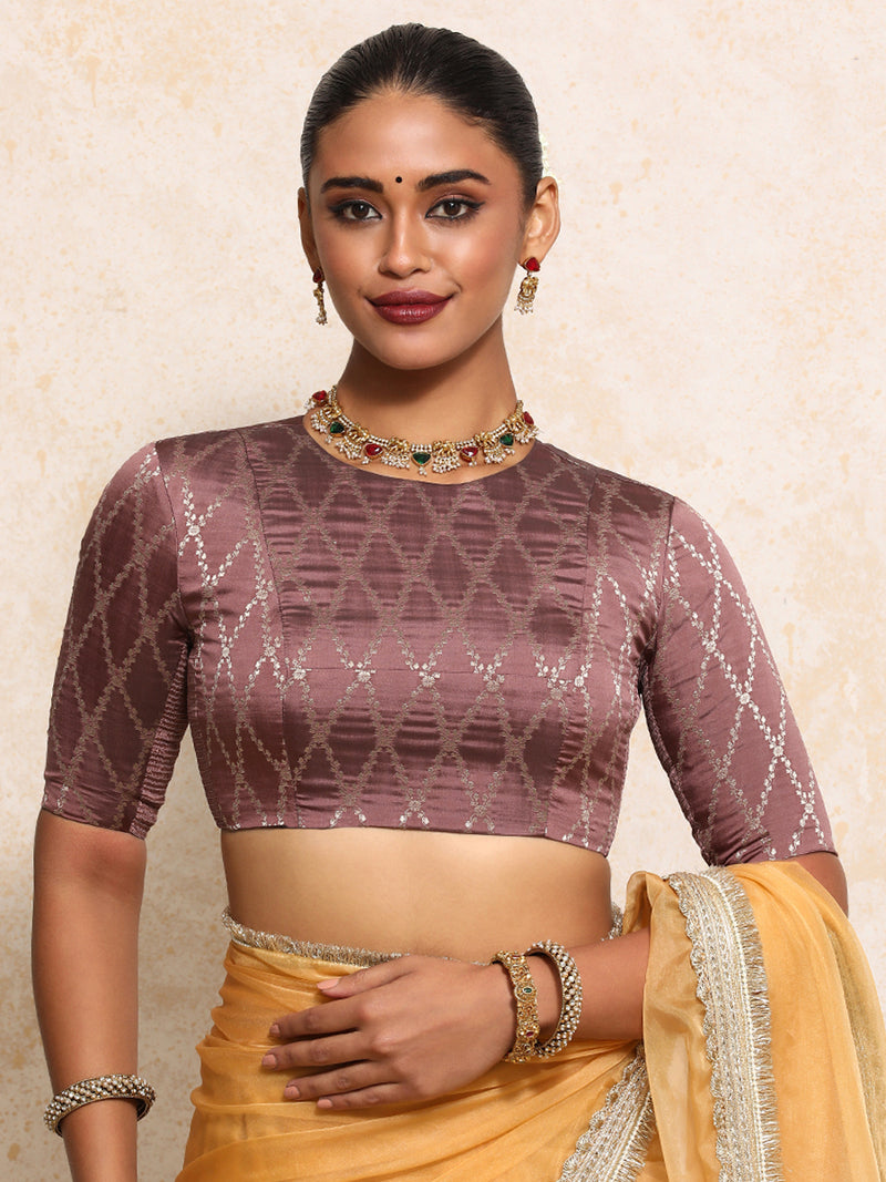 Reena x Tyohaar | Elbow Sleeves Saree Blouse in Dusky Mauve Vine Mesh Brocade-Binks