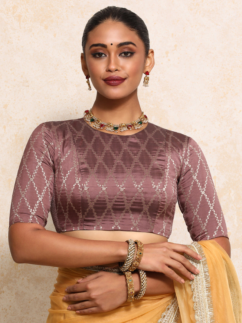 Reena x Tyohaar | Elbow Sleeves Saree Blouse in Dusky Mauve Vine Mesh Brocade-Binks