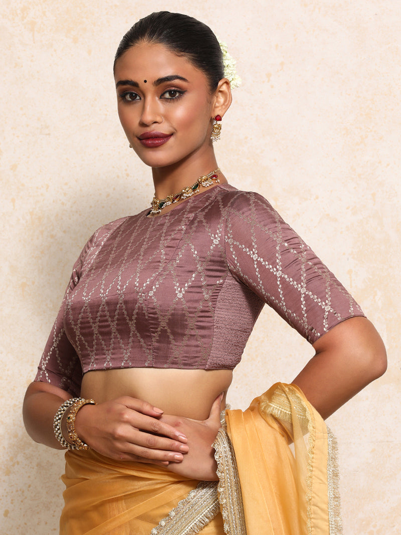 Reena x Tyohaar | Elbow Sleeves Saree Blouse in Dusky Mauve Vine Mesh Brocade-Binks