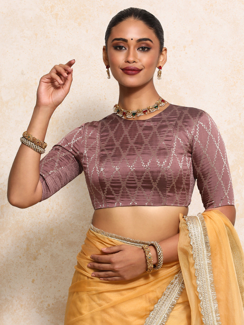 Reena x Tyohaar | Elbow Sleeves Saree Blouse in Dusky Mauve Vine Mesh Brocade-Binks