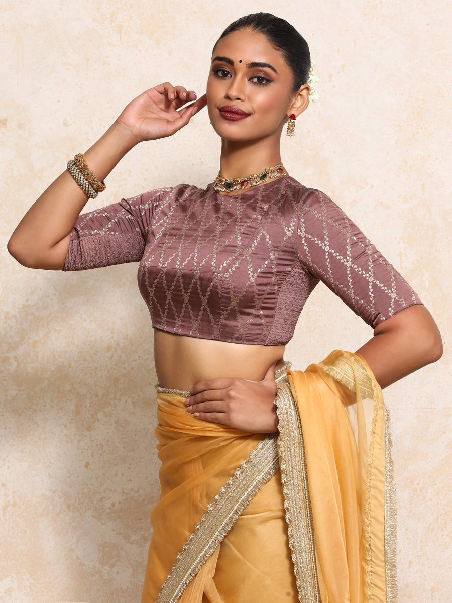 Reena x Tyohaar Saree Blouse, in Pink Viscose Silk Brocade, featuring elbow sleeves and jewel neckline (view 8).