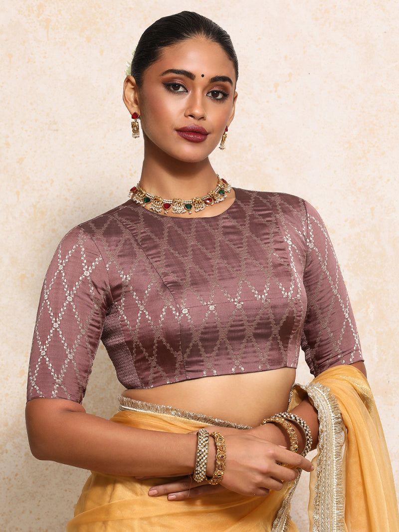 Reena x Tyohaar | Elbow Sleeves Saree Blouse in Dusky Mauve Vine Mesh Brocade-Binks