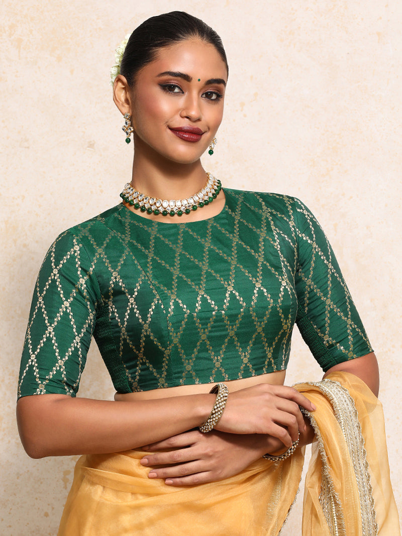 Reena x Tyohaar | Elbow Sleeves Saree Blouse in Emerald Green Vine Mesh Brocade-Binks
