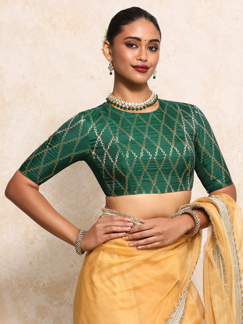 Reena x Tyohaar | Elbow Sleeves Saree Blouse in Emerald Green Vine Mesh Brocade-Binks