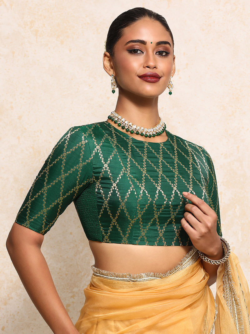 Reena x Tyohaar | Elbow Sleeves Saree Blouse in Emerald Green Vine Mesh Brocade-Binks