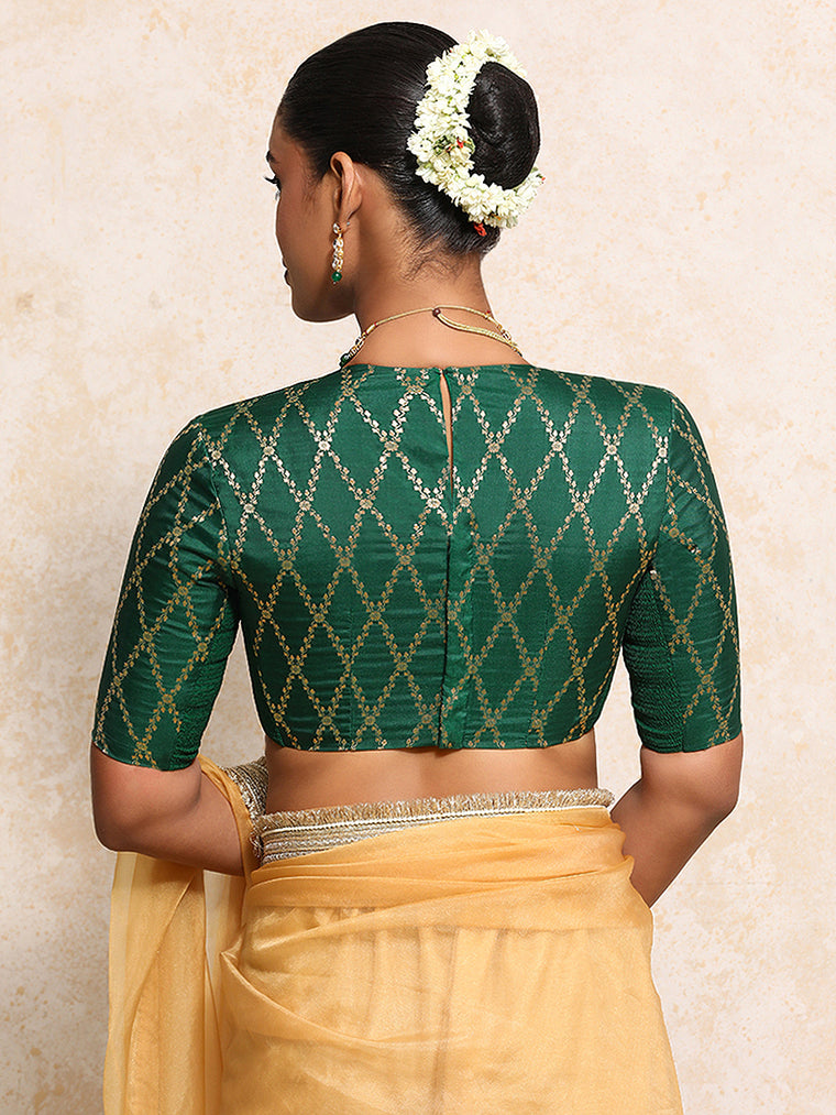Reena x Tyohaar Saree Blouse, in Green Viscose Silk Brocade, featuring elbow sleeves and jewel neckline (view 2).