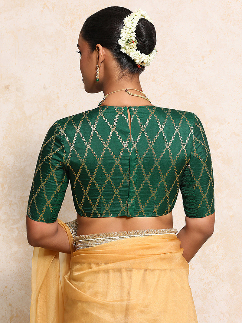 Reena x Tyohaar | Elbow Sleeves Saree Blouse in Emerald Green Vine Mesh Brocade-Binks