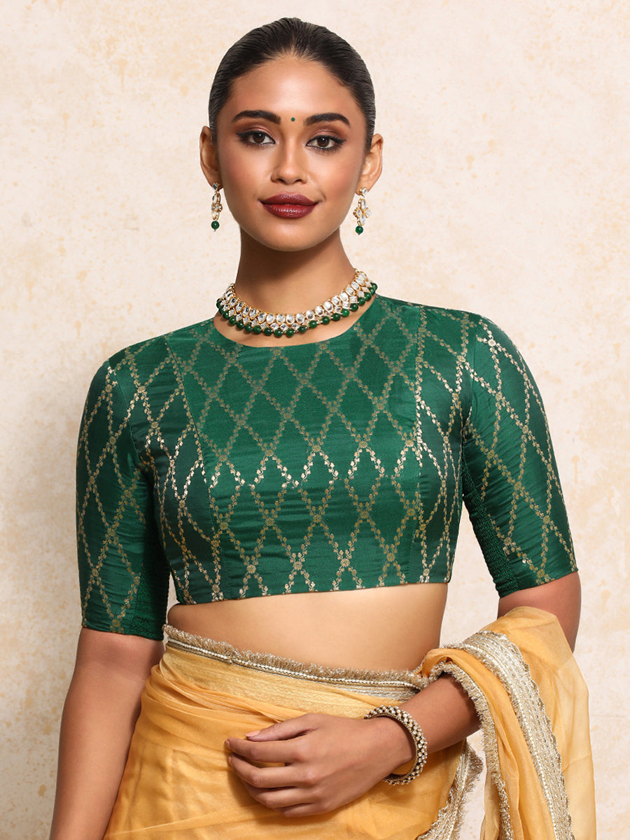 Reena x Tyohaar Saree Blouse, in Green Viscose Silk Brocade, featuring elbow sleeves and jewel neckline (view 5).